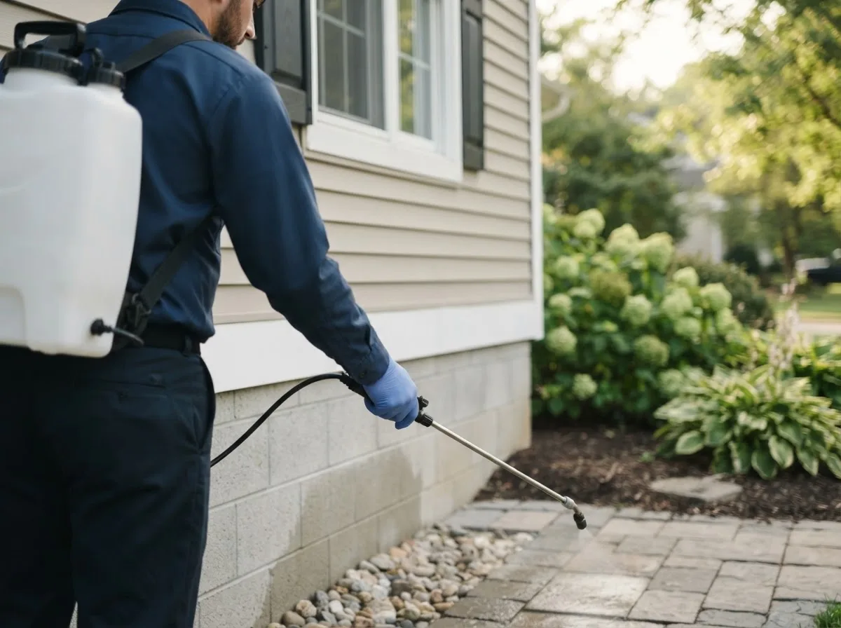 Pest control technician inspecting a home in Kirkwood, IL